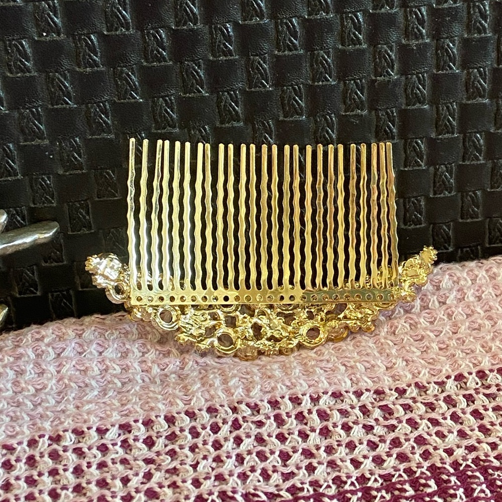 New! Gold Hair Clip Comb Peach Rhinestones - Picture 6 of 11